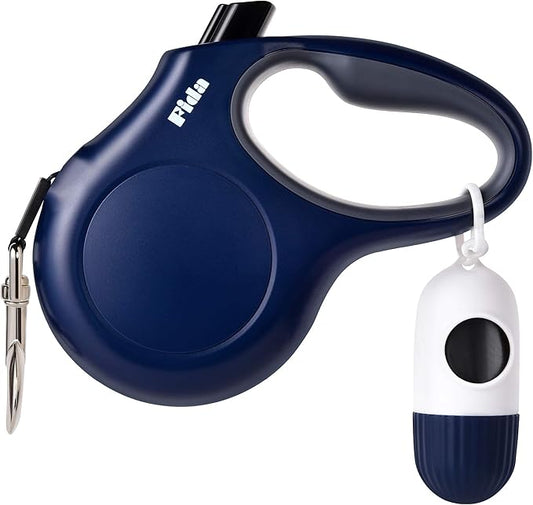 Fida Retractable Dog Leash with Dispenser and Poop Bags, 10 ft Pet Walking Leash for X-Small Dog or Cat up to 18 lbs, Anti-Slip Handle, Tangle-Free, Reflective Nylon Tape (XS, Navy Blue)