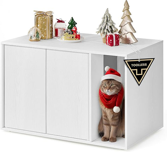 SONGMICS HOME Cat Litter Box Enclosure, Superfast Toolless Assembly, Litter Box Furniture for Large Cats, Display Side Table, Push-to-Open Doors, Minimalist Modern, Snow White UPCL013W01