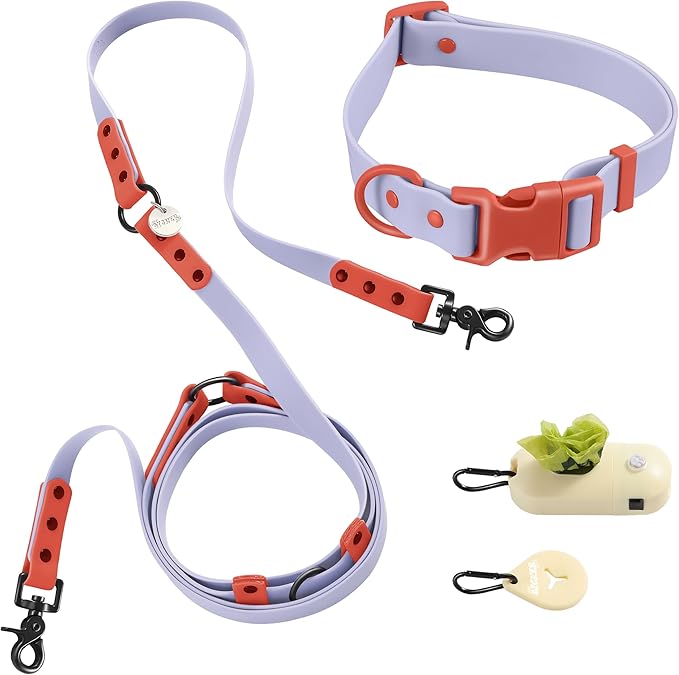 WLK1006E-5SET Luna Large 8FT Adjustable 6-in-1 Waterproof Hands-Free Leash and Collar with LED Flashlight, Bag Dispenser, and Poop Bag Holder, Sangria