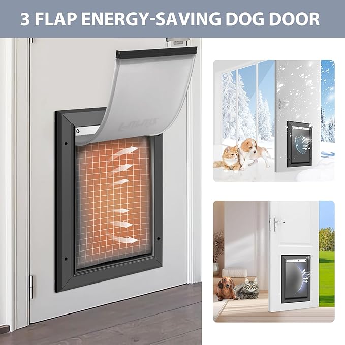 [Petoasis] 3-Flaps Heavy-Duty Dog Door for Wall, Rust Proof Aluminum Alloy Frame, Extreme Weather Dog Door Can Block Wind, Snow, and Rainwater Intrusion(Black, XLarge for Wall)