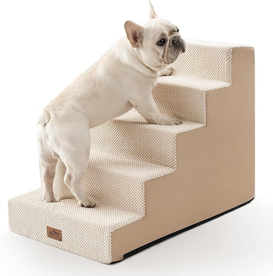 Dog Stairs for Small Dogs, 5 Tier Wider Pet Stairs for High Beds, 23.6" H Non-Slip Dog Steps for Old Cats, Puppies, Small Medium Dogs, 19.7x29.5x23.6 inch, Beige