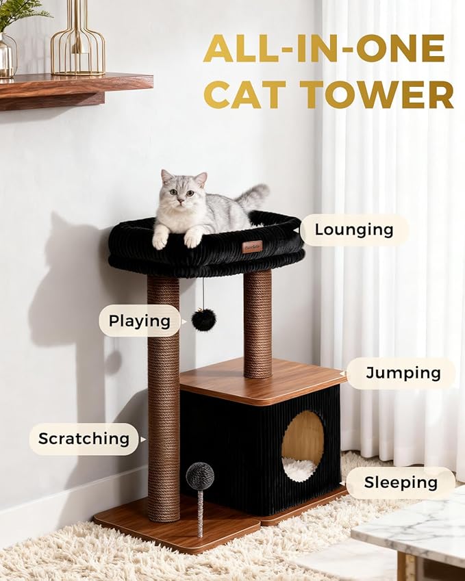 Modern Cat Tree for Indoor Cats, Nordic Loft Style, Wooden Cat Tower with Sisal Scratching Posts, Soft Padded Beds & Cozy Condos, Floor-Mounted for Kittens & Adult Cats