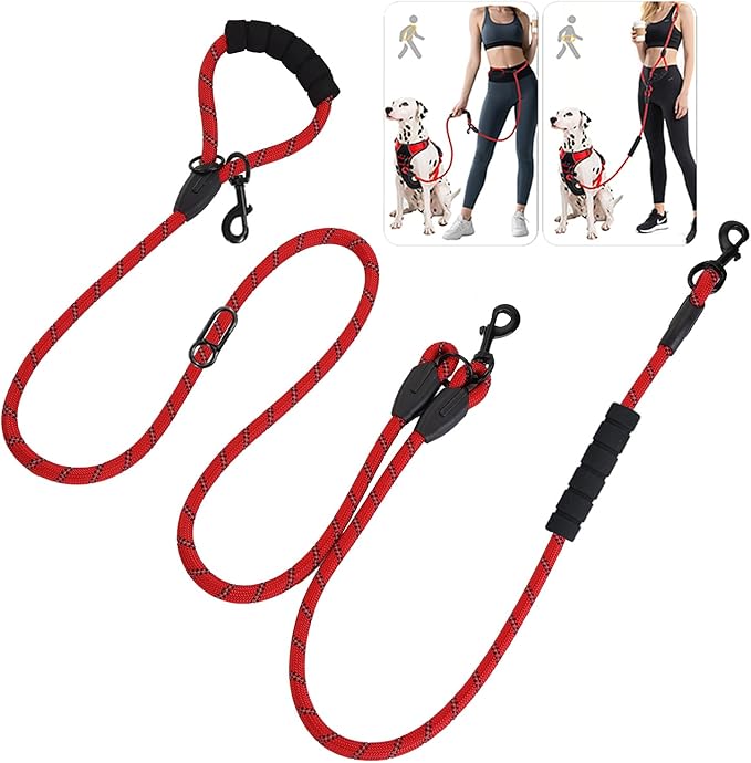 Cymiler Hands Free Dog Leash, 8 Ft Reflective Cross-Body Pet Rope Leashes with Sponge Handle, Heavy Duty Nylon, for Running, Hiking, Training, Waist Leash for Small Medium Large Dogs (Red)