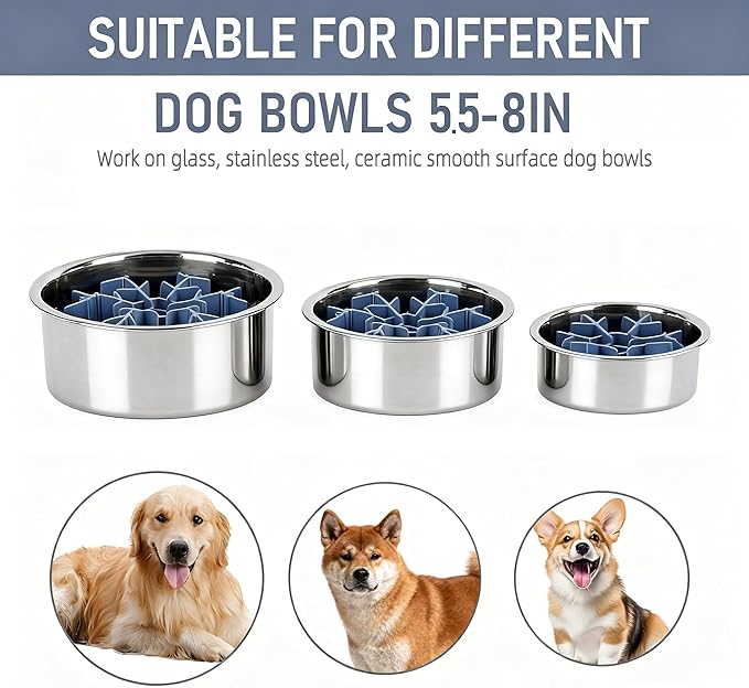 Slow Feeder Insert for Dog Bowl with Upgraded Big Suction Cups Anti-Slip, Cuttable 4.7-7in Anti-Chocking Extra-Slow Feeding Fits Standard Metal Dog Bowls for Large Medium Small Dogs, Blue
