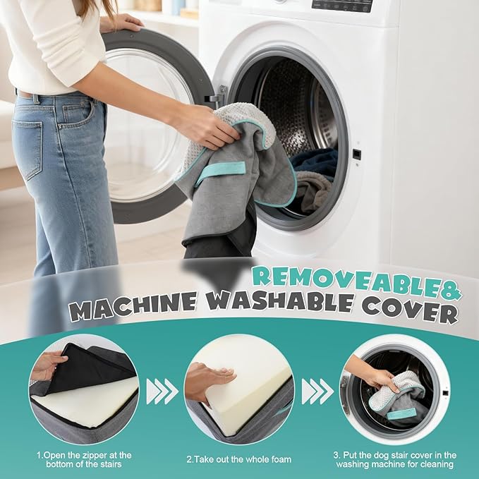 Dog Stairs Ramp for Small Dogs,5-Step Dog Steps,Foldable Pet Stairs for High Beds and Couch,Curved 2 in 1 with Zippers Non-Slip Balanced Pet Ramp and CertiPUR-US Certified Foam,Grey