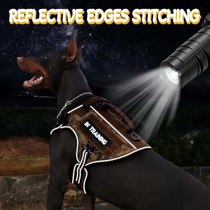 Service Dog Vest - HEYCAHVA Tactical Dog Harness Full Metal Buckles Dog Vest for Large Medium Dog Reflective No Pull Dog Harnesses with Leather Handle, Hook & Loop for Hiking Training (Desert Camo, L)