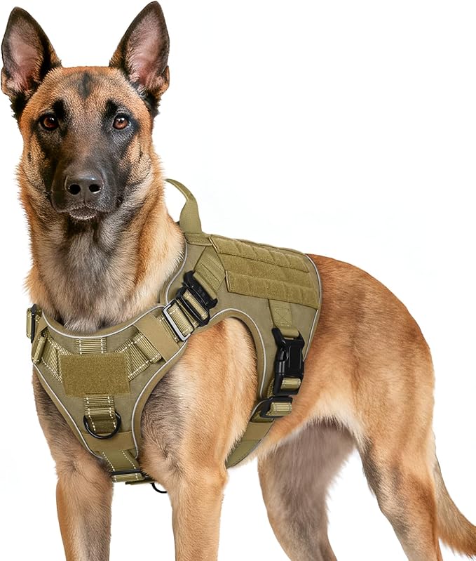rabbitgoo Tactical Dog Harness for Large Dogs, No Pull Upgraded Reflective Heavy Duty Molle Vest with Handle, Adjustable Military Service Dog Vest for Walking Hiking Training, Brown, L