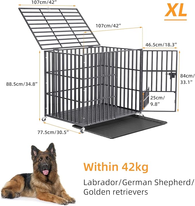 BingoPaw Heavy Duty Dog Crate: 42Inch Large Dog Crate Escape Proof with Higher Inner Space - XL Metal Dog Cage Made by Square Tube with Double Door