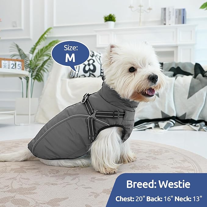 Dog Winter Coat with Harness Built in Warm Puffer Dog Jackets for Small Medium Large Dogs Windproof Waterproof Outfit with Plush Lining and Reflective Stripes (Grey, S)