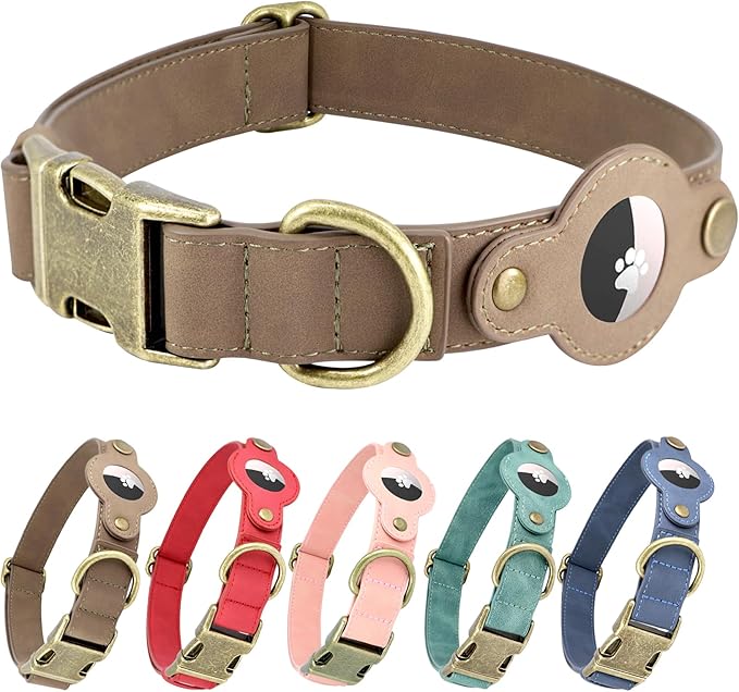 AirTag Dog Collar for Large Dogs - Soft Leather Dog Collar with Apple AirTag Holder and Metal Buckle - Smart Tracker GPS Apple Air Tag Pet Collars (Brown, L)