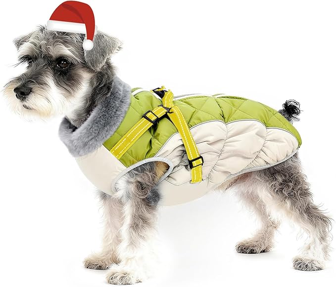 Dog Winter Coat with Harness, Dog Jacket, Pet Clothes with Zipper on Back, Waterproof Windproof Warm Vest, Reflective Cold Weather Coats, for Small Medium Large Dogs, Thick, Green, XS