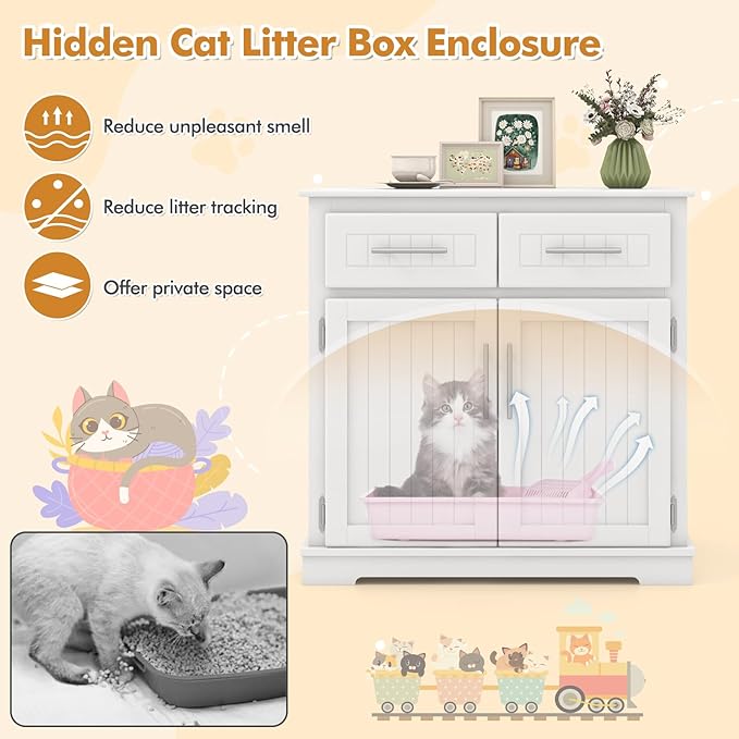 Tangkula Litter Box Enclosure, 32 Inch Enclosed Cat Box Cabinet with 2 Storage Drawers & Double Doors, Hidden Cat Washroom, Modern Cat Litter Box Furniture for Indoor Cats