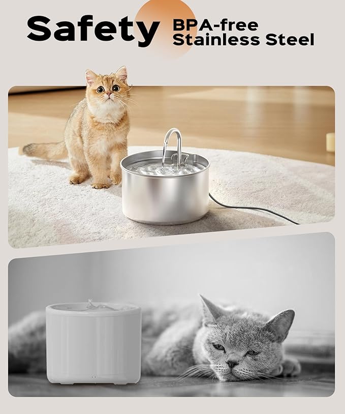 Stainless Steel Cat Water Fountain: Pet Fountains Indoor Metal Automatic Dispenser Cat Waterer Bowls Dog Faucet Bottle Pets 24/7 Running Watering for Drinking Quiet Pump with 1 Filter