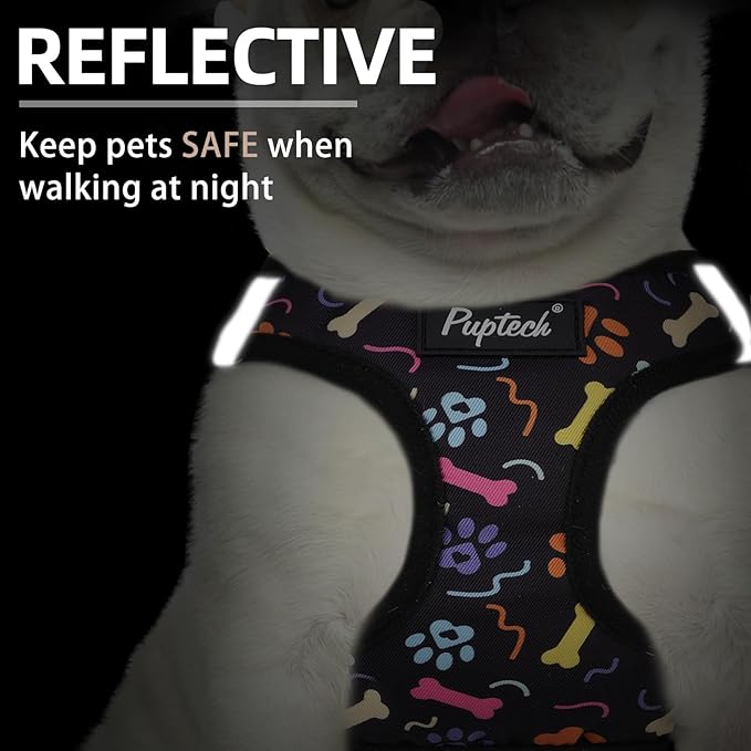 PUPTECK Dog Harness and Leash Set for Small Medium Dogs No Pull Step-in Soft Mesh Puppy Cat Vest Harnesses Reflective at Night, Black Paw, M