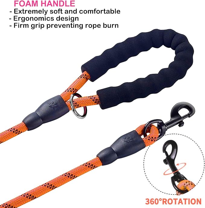 JSXD Heavy Duty Double Handle Dog Leash - 5 FT with Comfortable Padded & Reflective Rope for Small, Medium, Large Dogs (Rope-Orange)