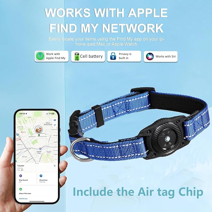 Tracking Collar for Dogs Waterproof Adjustable Air Tag Dog Collar Holder, Comfortable Dog Collars for Small Medium Large Dogs (Blue, L)