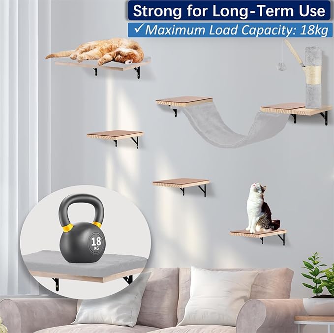Cat Wall Shelves, Solid Wood Cat Wall Furniture Set, with Cats Bed, Hammock, Felt Ladder, Sisal Scratching Post & Ball (Grey)