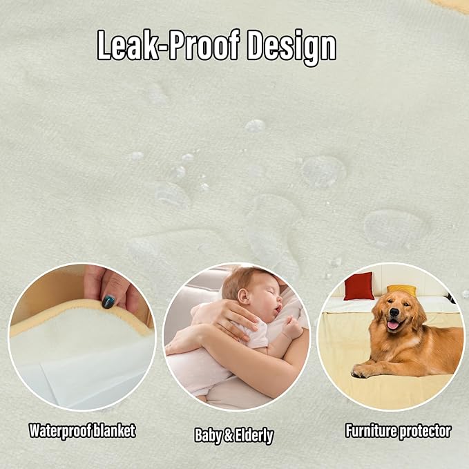 Waterproof Blanket for Bed Couch Sofa, 60"x80" Reversible & Washable, Waterproof Blanket Queen Size, Water Resistant Twin Bed Blankets, Leakproof (Warm Yellow/Warm White)