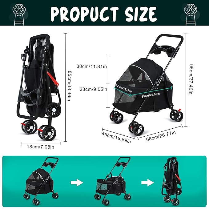Pet Strollers,4 Wheels Outdoor Travel Pet Folding Stroller, Outdoor Travel Folding Stroller, Dog Cat Cage Carrier with Cup Holder, Breathable and Visible Mesh for Medium Small Dog
