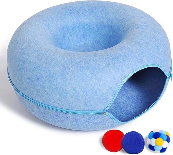 Large Cat Tunnel Bed for Indoor Cats with 3 Toys, Scratch Resistant Donut Cat Bed, Up to 30 Lbs (L 24x24x11, Blue)