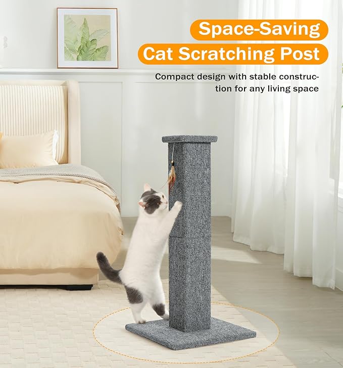 Made4Pets Cat Scratching Post, 32 Inch Carpet Covered Cat Scratcher with Kitten Toy, Tall Scratching Post for Indoor Cats Adults and Kittens, Grey