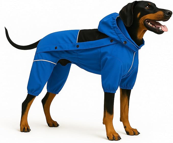 LOVELONGLONG Waterproof Dog Raincoat with Removable Hood – Outdoor Full Body Dog Jacket, Windproof Snowproof Shell Suit – All Season Pet Rain Gear Blue S+