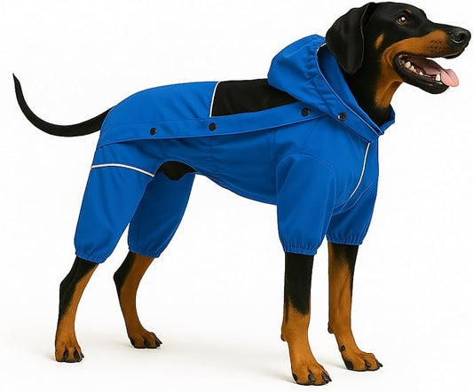 LOVELONGLONG Waterproof Dog Raincoat with Removable Hood – Outdoor Full Body Dog Jacket, Windproof Snowproof Shell Suit – All Season Pet Rain Gear Blue L