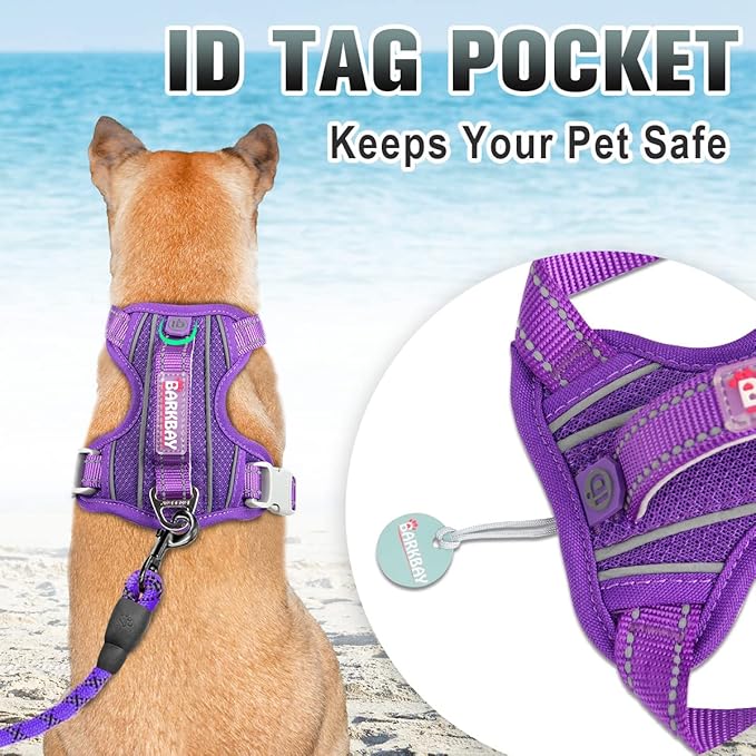 BARKBAY No Pull Dog Harness Large Reflective Dog Harness with Front Clip and Easy Control Handle for Walking Training Running with ID tag Pocket(Purple,S)