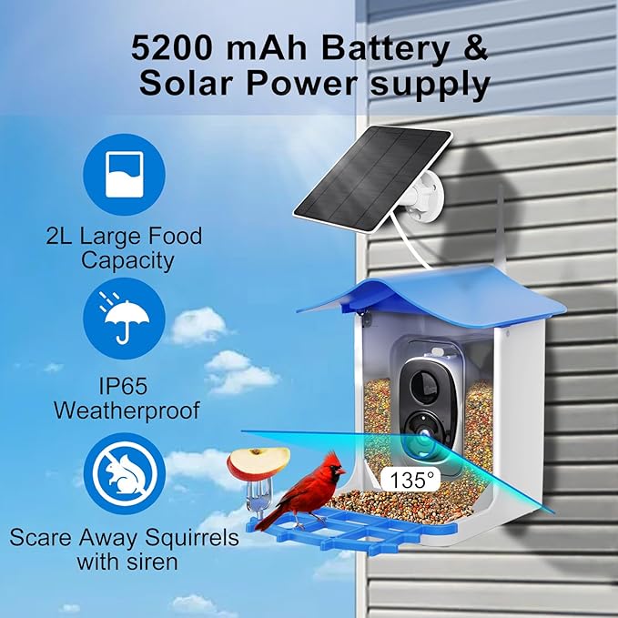 Solar-Powered Smart Bird Feeder with Camera, 3MP UHD Wireless Bird Watching Camera for Outdoors with AI Identify Birds Species, 2L Seed Capacity, and 2K Live Stream, Gift for Birds Lovers, Moms & Dads