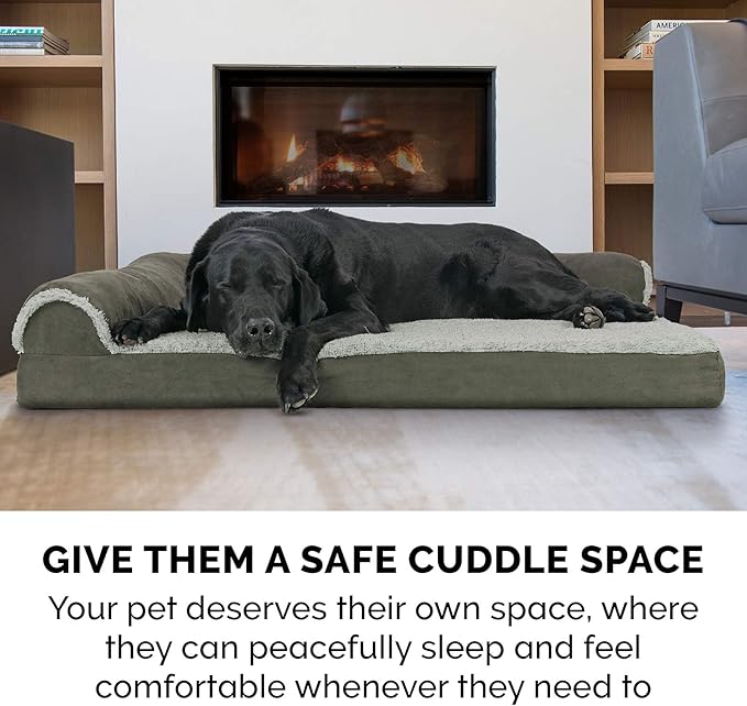 Furhaven Orthopedic Dog Bed for Large/Medium Dogs w/ Removable Bolsters & Washable Cover, For Dogs Up to 55 lbs - Two-Tone Plush Faux Fur & Suede L Shaped Chaise - Dark Sage, Large