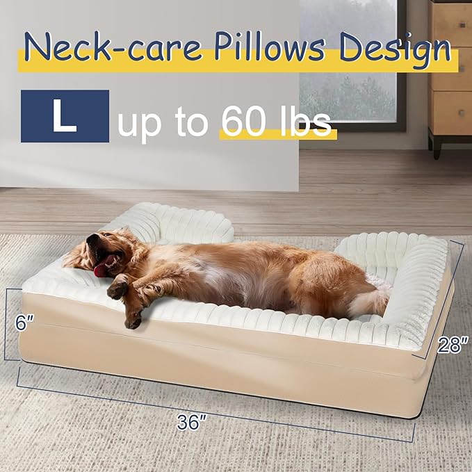 Orthopedic Dog Bed for Large Medium Sized, Washable Memory Foam Large Dog Bed Premium Soft Corduroy Fleece, Durable Medium Pet Sofa with Removable Cover, Washable Waterproof Pet Couch Beds(White, L)