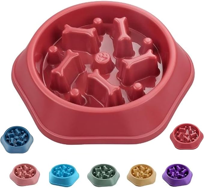 Slow Feeder Dog Food Bowl – Bowl Designed to Slow Eating, Promotes Healthy Digestion and Prevents Bloat, Ideal for Cats and Dogs (Red)