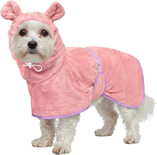 Dog Bathrobe Super Absorbent Towel Robe - Microfiber Bath Towels Fast Drying Coat for Dogs, Cute Dogs Clothes Adjustable Collar & Belly Strap Warm Keeping Hooded Dog Towel (Pink, Small)