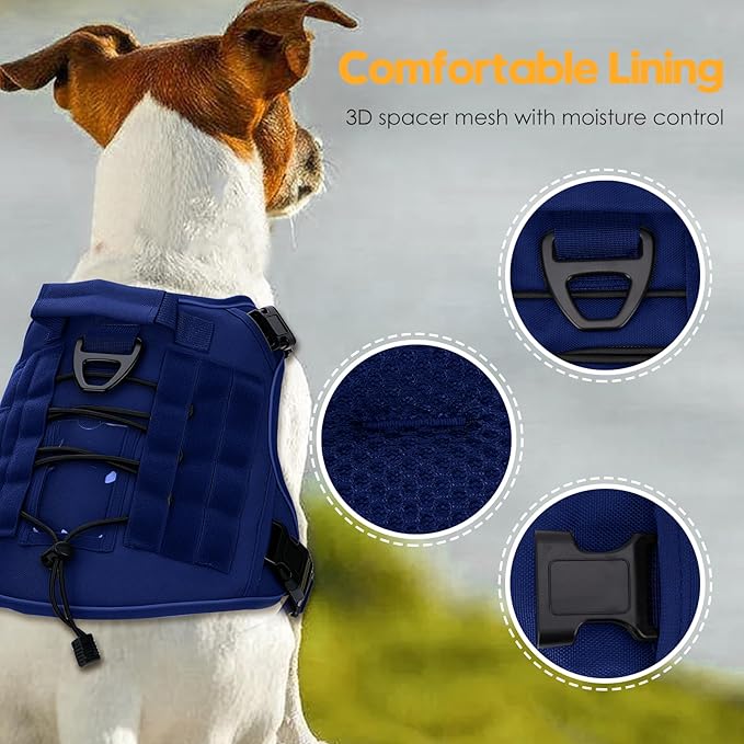 Heavy-Duty Tactical Dog Harness for Large Dogs, No Pull Adjustable Reflective Pet Vest with Molle System, K9 Military-Grade Control for Service Training, Outdoor & 10+ Breeds, Dazzling Blue, Large