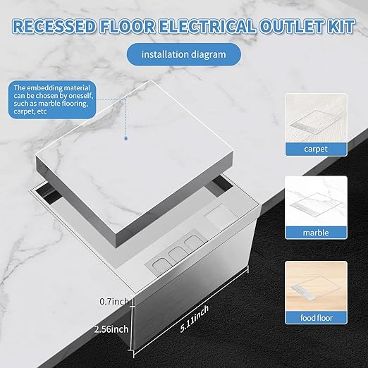Vagueior Recessed Flat Hidden Floor Electrical Outlet Kit,Hidden Duplex 15A Tamper-Resistant Receptacle Outlet and 2.1A USB Port，Waterproof Electrical Outlet Covcer Box,Silver