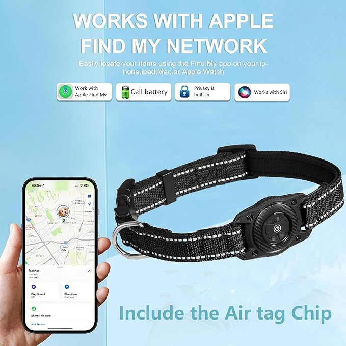 Waterproof Air tag Dog Collar - Reflective, Built-in Tracker with Bluetooth Connectivity（Included Tracker） Soft-Padded Adjustable Buckle (Black, M)