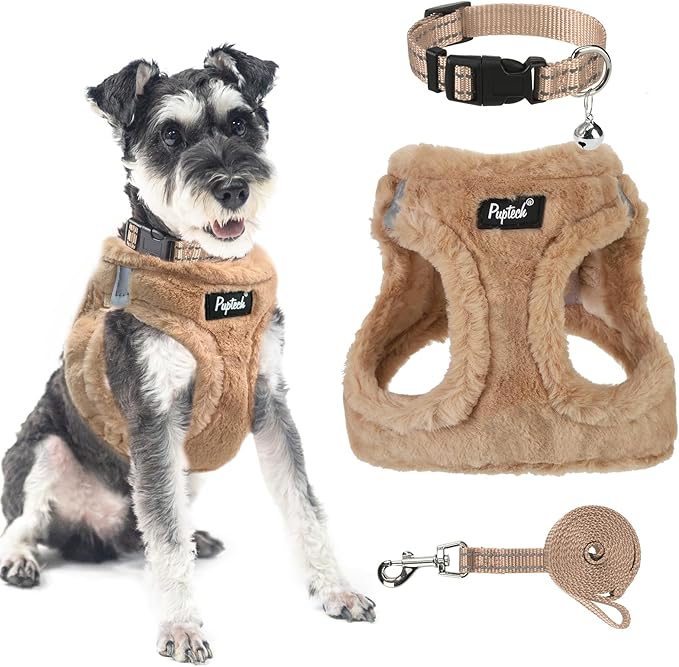 PUPTECK Adjustable Dog Harness Collar and Leash Set Step in No Pull Pet Harness for Small Medium Dogs Puppy and Cats Outdoor Walking Running, Soft Mesh Padded Reflective Vest Harnesses, Khaki S