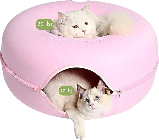 Cattasaurus Peekaboo Cat Cave Donut for Multiple & Large Cats up to 30-45 lbs, 3-in-1 Self Warming Cat Bed, Tunnel & Scratcher for Indoor Cats, Washable & Detachable Small Dog Bed (Pink, Large)