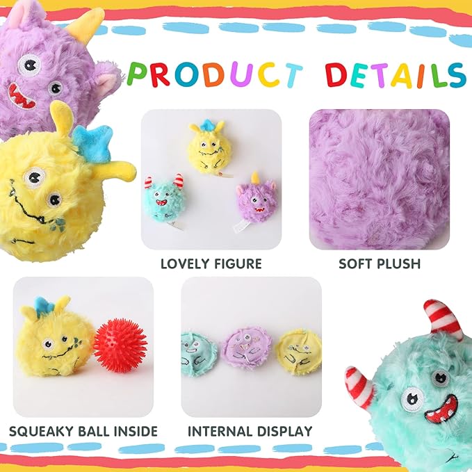 D KING D KING 3Pack Squeaky Dog Balls,2 in1 Funny Puppy Ball Toys,Dog Toy for Small Medium Dogs,Squeezable squeaking Toys,Balls for Games(Monster Ball)