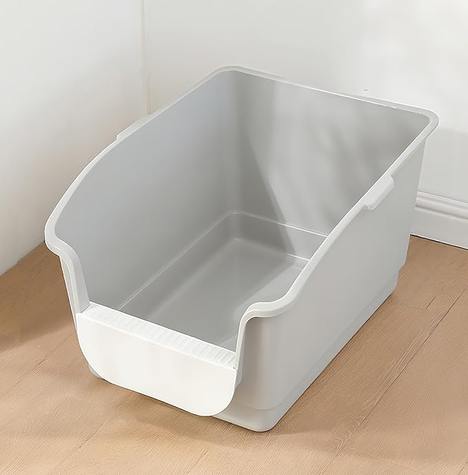 SpaceTime Large Cat Litter Box with High Sides,Cat Litter Pan with Low Entry & Storage Space,Cats Boxes for Kittens & Senior Cats Indoor,Anti-Splashing,Waterproof,Easy to Clean (Light Grey)