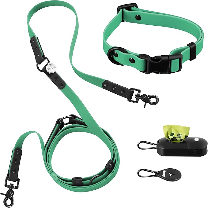 WLK1004K-5SET Luna Small 8FT Adjustable 6-in-1 Waterproof Hands-Free Leash and Collar with LED Flashlight, Bag Dispenser, and Poop Bag Holder, Julep