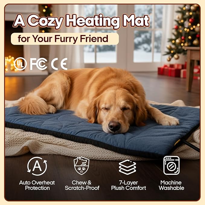 Dog Heating Pad (31"x20") - Waterproof Electric Heated Mat & Pet Bed for Indoor and Outdoor Use, Chew Resistant Cord, Machine Washable Cover with Wheat Pattern Quilting, for Cats and Pets