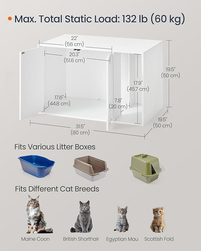 SONGMICS HOME Cat Litter Box Enclosure, Superfast Toolless Assembly, Litter Box Furniture for Large Cats, Display Side Table, Push-to-Open Doors, Minimalist Modern, Snow White UPCL013W01