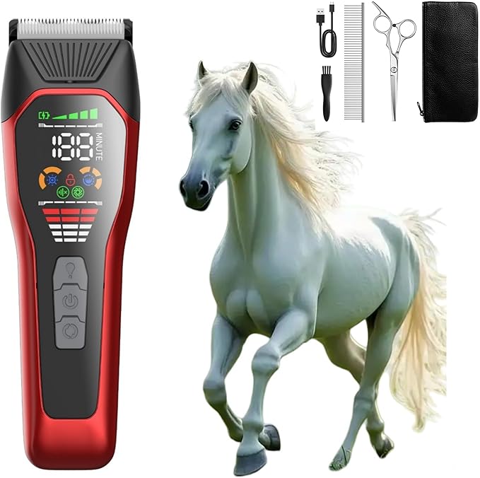 Horse Clippers,Quiet 2-Speed Horse Grooming Clippers,Rechargeable Pet Shaver with Scissors for Matted Long Hair,Cordless Wide-Blade Powerful Horse Trimmer Kit for Thick Coat #066 Red