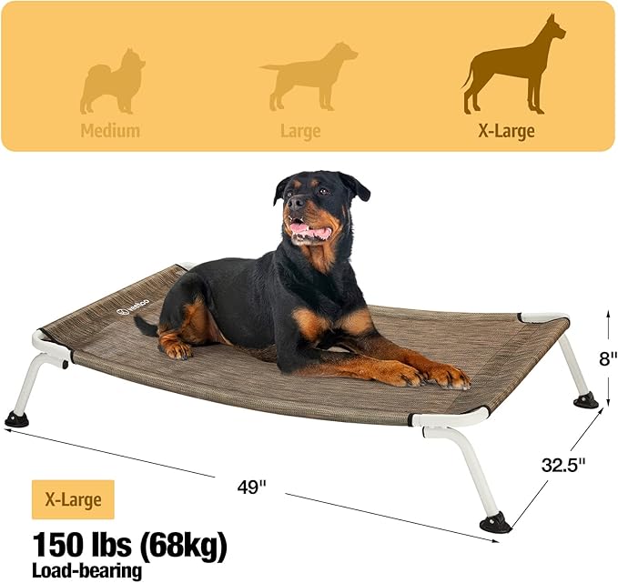 Veehoo Elevated Dog Bed for Outdoor, Cooling Waterproof Raised Dog Cots Beds XL, Curved Off Ground Pet Hammock Cot Lifted for Outside, up to 150lbs, White Legs, Brown 49"