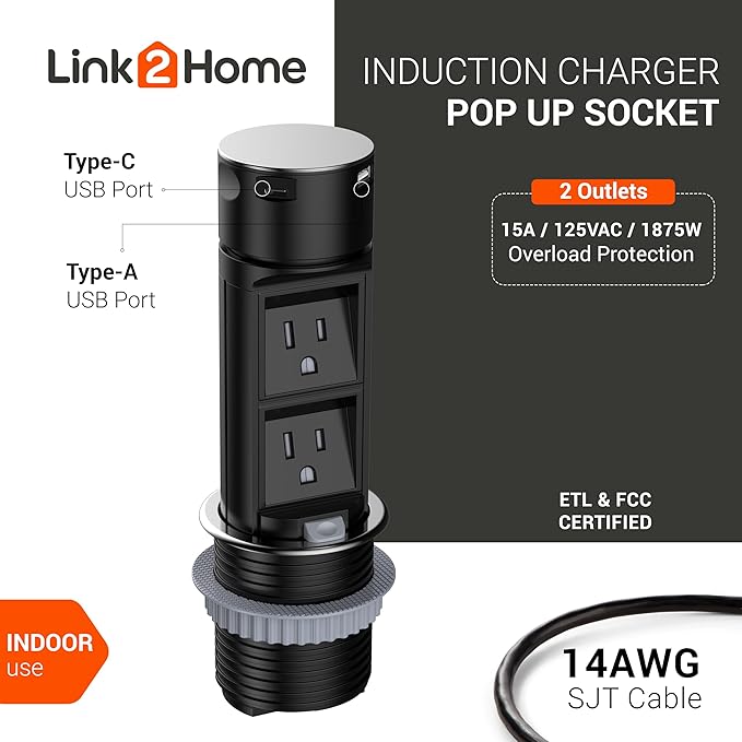 Link2Home Pop Up Outlet with 2 AC Power Outlets, 2 USB A/C Ports, 2.4A Fast Charge, Splash Resistant, Stainless Steel Retractable Socket for Kitchen Counter or Desk