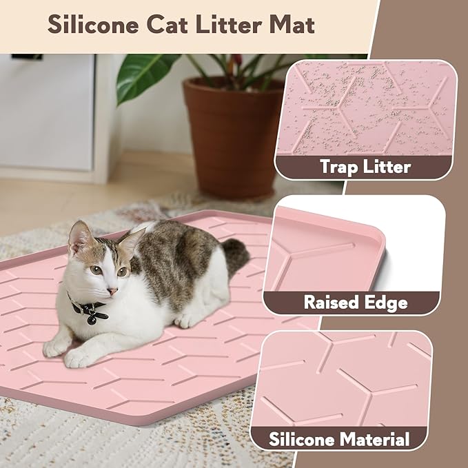Silicone Cat Litter Trapping Mat, Large Waterproof 34" X 22" Cat Litter Box Mat, Easy to Clean, Pink