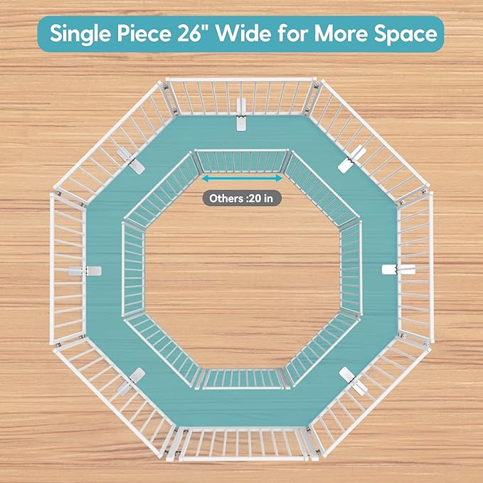 No Pawblems Free Standing Dog Gate with Door, 30'' Tall Foldable Dog Fence for Indoor & Outdoor, Up to 208 Inch Extra Wide Puppy Gate for Stairs, Hallways, Doorways, Deck, Yard (White, 8 Panels)