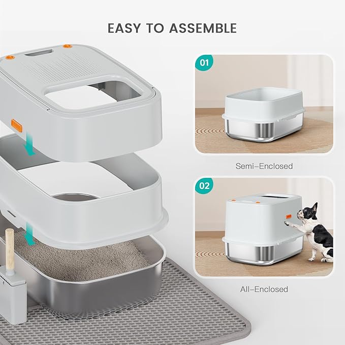 XL Stainless Steel Cat Litter Box Top Entry Extra Large Metal Litter Box with High Side for Big Cats, Multiple Cats, No Odor, Easy to Clean, Anti-Urine Leakage, Dog-Proof, Non-Sticky（Grey）