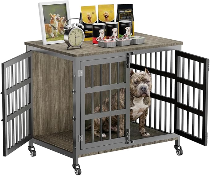 33" Dog Crate Furniture for Medium & Small Dogs with Wheels, Heavy Duty Dog Cage, Indoor Puppy Crate, Wooden Dog Kennel Table, 32.6" L x 22.8" W x 25.8" H, Decorate House as End Table — Grey